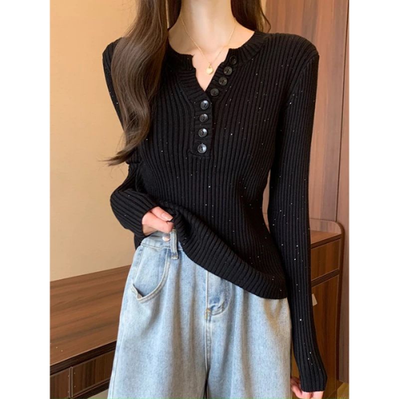 High-End Korean-Style Design With Heavy Glitter V-Neck Knit Sweater For Women, Featuring A Relaxed Long-Sleeved Top._ecoleips.com