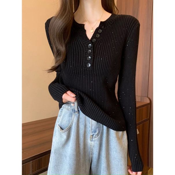 High-End Korean-Style Design With Heavy Glitter V-Neck Knit Sweater For Women, Featuring A Relaxed Long-Sleeved Top._ecoleips.com