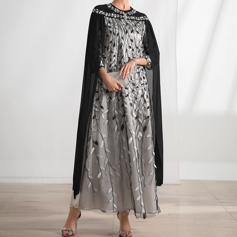 Women's Clothing Black And White Leaf Mesh Embroidery Fashion Cloak Two Piece Dress_ecoleips.com