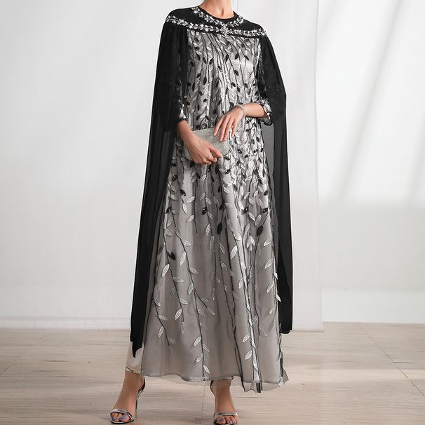 Women's Clothing Black And White Leaf Mesh Embroidery Fashion Cloak Two Piece Dress_ecoleips.com