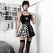 QY21059 Women's High-Waisted Midi Skirt Dark Fashion Houndstooth Patchwork Color Block French Style for Summer 2024_ecoleips.com