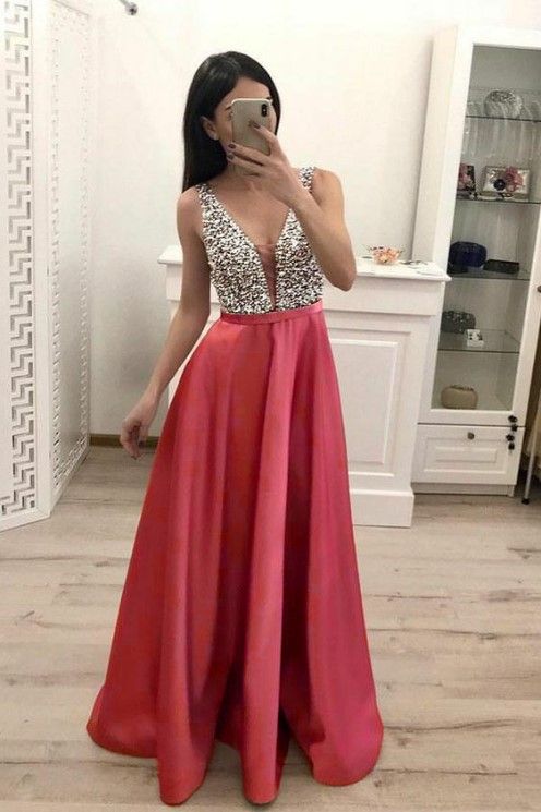 Women's Clothing Fashion Color Long Dress Deep Neck Cocktail Dress Sleeveless Evening Dress Collage Nightclub Dress_ecoleips.com