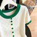 Spring/Summer Women's French Style Knit Sweater Diamond Pattern Hollowed Out Design Ruffled Trim Slim Fit Short Sleeve Top_ecoleips.com