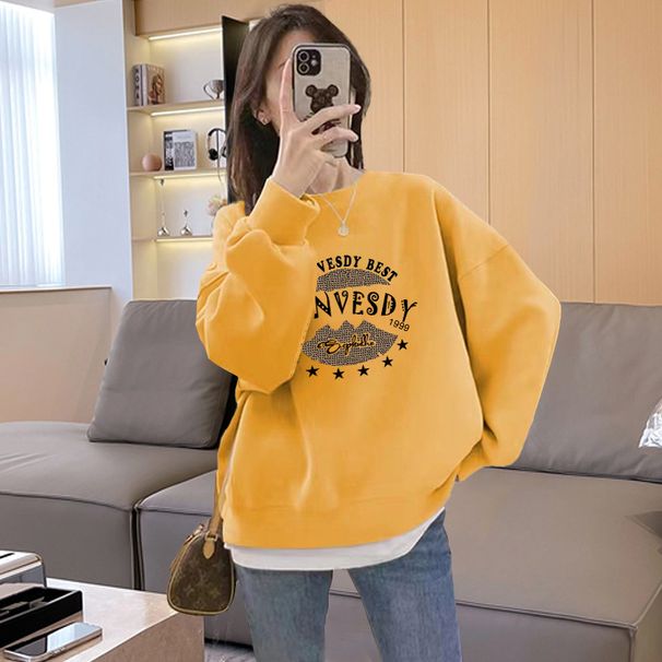 Women's round Neck Fleece Lined Thick Sweatshirt Jacket Autumn Winter 2023 High End Petite American Style Loose Top_ecoleips.com