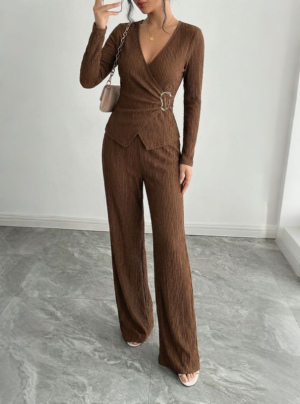 Spring 2026 Women's Solid Color V Neck Crossover Long Sleeve T-Shirt And Pants Set with Metallic Decoration for European American Style_ecoleips.com