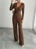 Spring 2026 Women's Solid Color V Neck Crossover Long Sleeve T-Shirt And Pants Set with Metallic Decoration for European American Style_ecoleips.com
