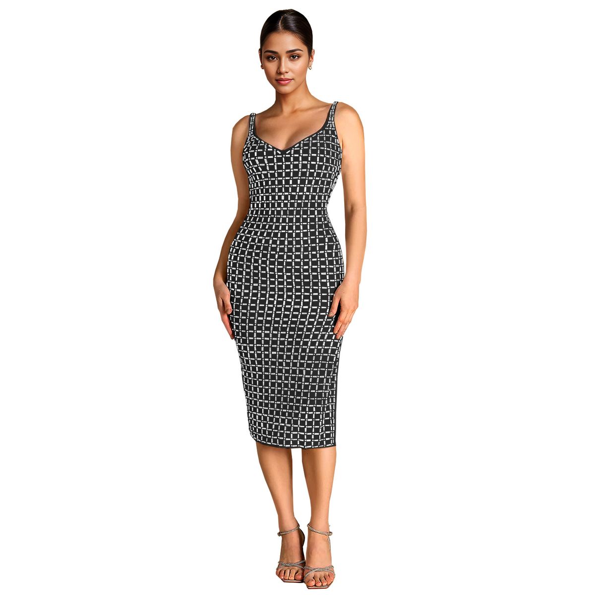 Women's Clothing Sexy Backless Rhinestone Strappy Bodycon Dress - V-Neck Sleeveless Midaxi Dress Stretchy Milk Silk Fabric Elegant Club Wear_ecoleips.com