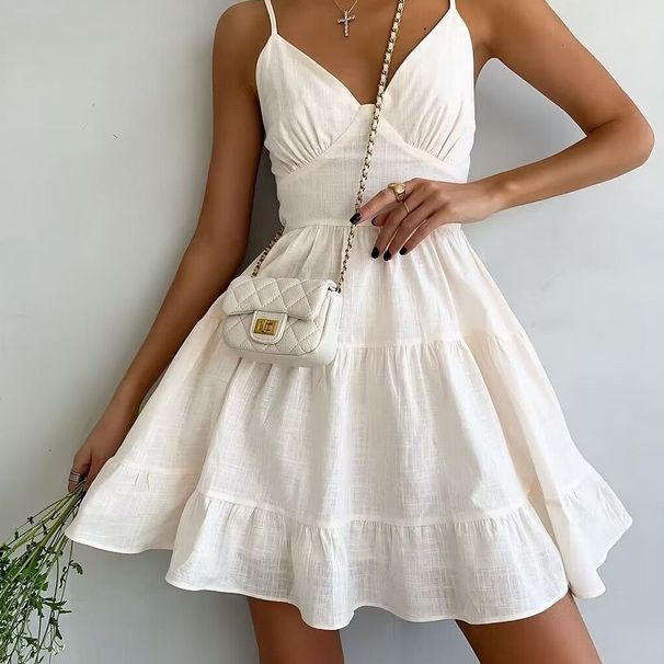 Pure Cotton Spaghetti Strap V-Neck Tiered Ruffle Waist Cinched White Mini Dress Women Summer Slim Short Sundress_ecoleips.com
