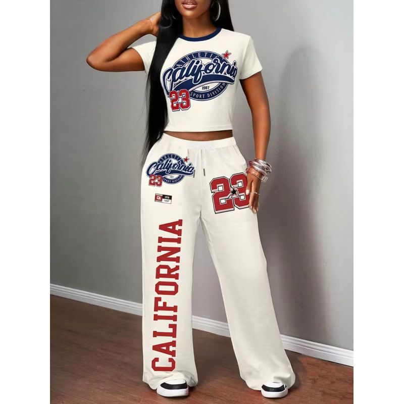 Women's Y2K Style Two Piece Set Sexy Digital Print Short T-Shirt Wide Leg Trousers Spring Summer_ecoleips.com
