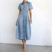 Women's Clothing Puff Sleeves Short Sleeves Distressed Casual Style Shirt Denim Long Dress_ecoleips.com