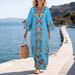 Bohemian Floral Print Deep V-Neck Midi Dress With Three-Quarter Sleeves, Flowy A-Line Summer Maxi Dress For Women, Casual Comfortable Boho Chic Dress_ecoleips.com