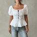 Women's Clothing French Retro Style Square Neckline Blouse Openwork Front Tie Waist Sexy Backless Top With Puff Sleeves Elegant Short Vacation Style_ecoleips.com