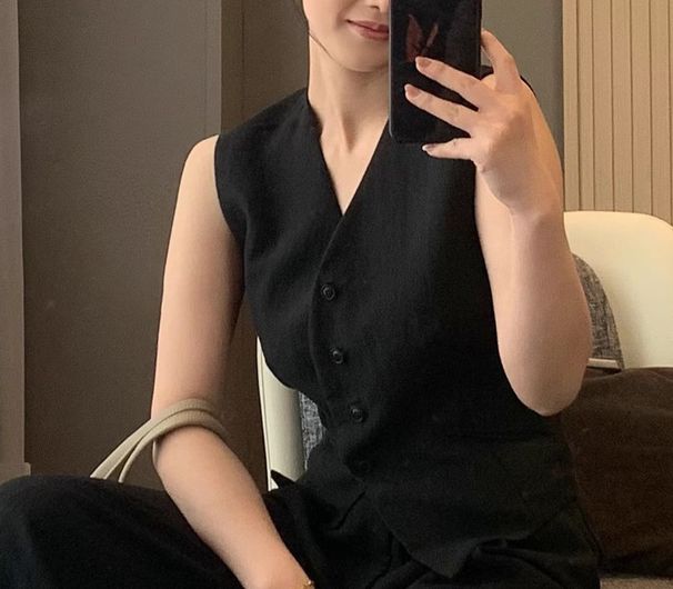 Linen-Blend Vest Set – Wide Leg Pants & Oversized Waistcoat, Minimalist Office-To-Brunch Outfit (Beige/Black/Navy, S-Xxxl)_ecoleips.com
