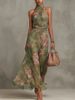 Women's Green Floral Print Halter Maxi Dress Sleeveless High Neck Ruched Waist Chiffon Flowy Evening Party Dress_ecoleips.com