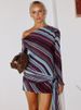 Mozision Striped Print Long Sleeve Sexy Mini Dress Women Elegant Diagonal Collar Backless Bodycon Ruched Club Party Dress Female_ecoleips.com