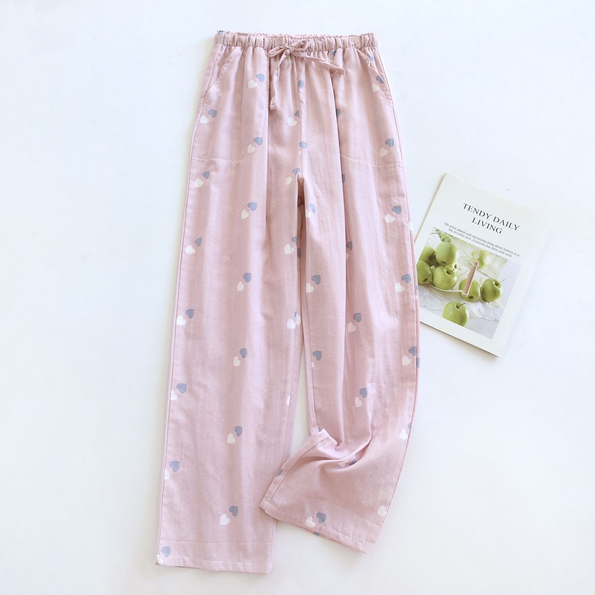 2026 New Women's Spring/Summer Sleeper Pants 100% Cotton Gauze Heart Shaped Thin Printed Pants Home Pants Lounge Wear_ecoleips.com