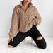 Women's Reversible Sherpa Fleece Zip-Up Hoodie - Plush Textured Pullover With Jacquard Floral Pattern, Oversized Casual Outerwear_ecoleips.com
