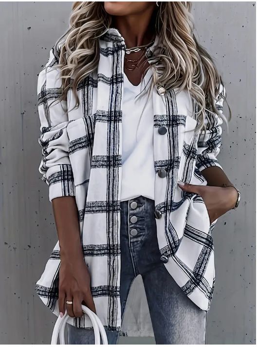 2024 European And American Cross-border Women's Classic Plaid Casual Button-up Fashion Shirt Jacket 420g_ecoleips.com