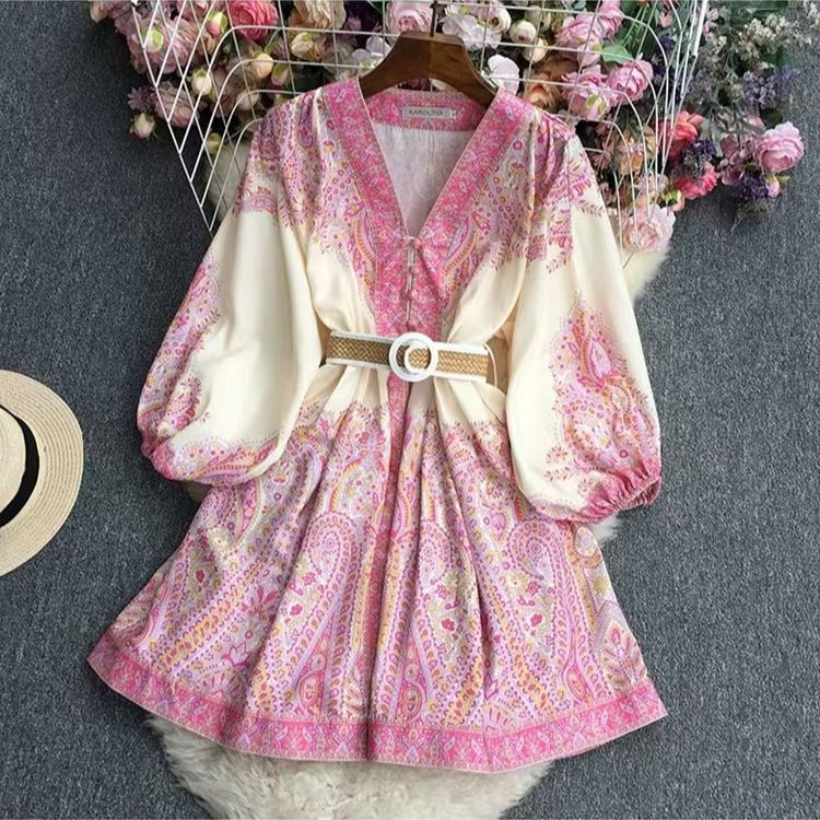 French Retro V Neck Sleeve Lantern Printed Dress Waist Medium Length Petite New Style For Spring And Summer Women's Clothing_ecoleips.com