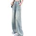 Women's Casual Letter Print Mock Two-Piece Top With Elastic Waist Light Blue Jeans Set - Stylish High Neck Pullover & Relaxed Fit Denim Pants_ecoleips.com