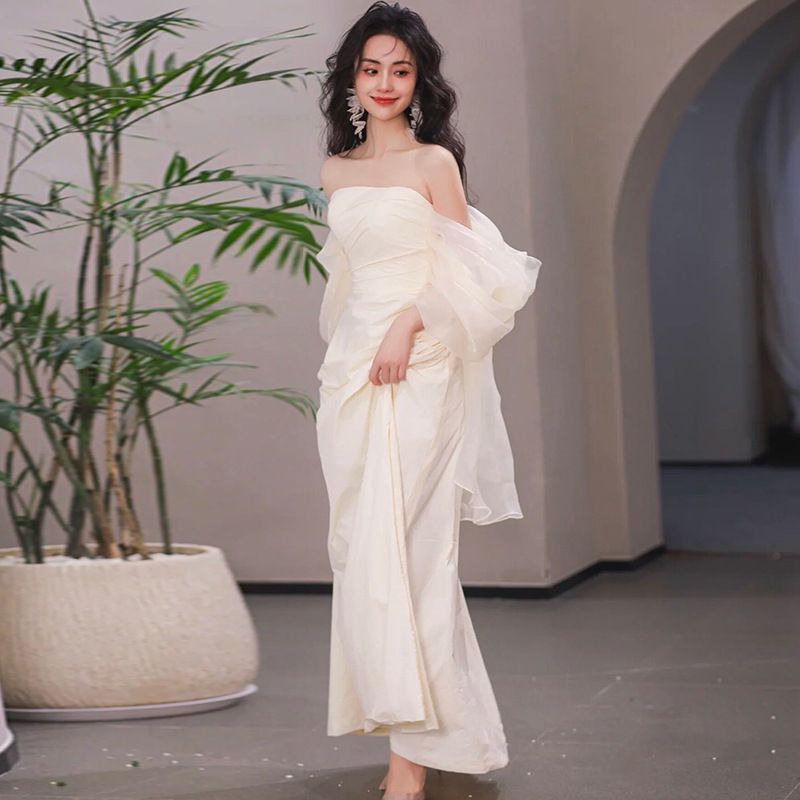 Women's Clothing Strapless Light Wedding Dress For Brides Simple Long Satin Wedding Dress Fairy Forest Style Morning Gown Dress_ecoleips.com