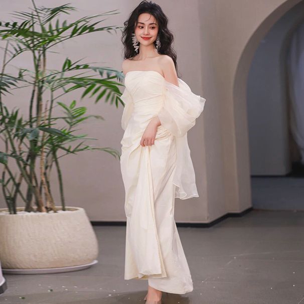 Women's Clothing Strapless Light Wedding Dress For Brides Simple Long Satin Wedding Dress Fairy Forest Style Morning Gown Dress_ecoleips.com