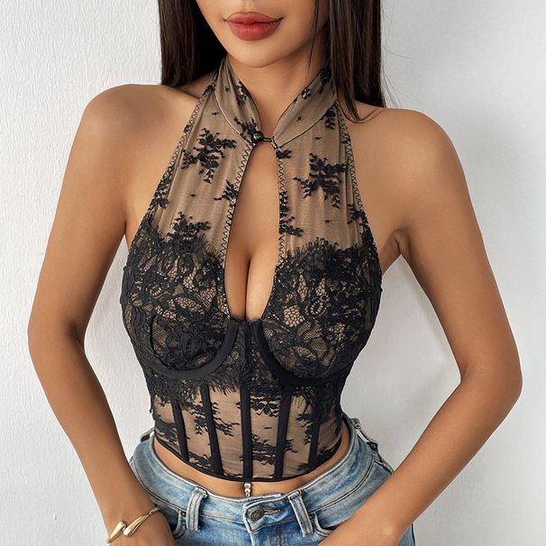 K New Sexy Lace Chinese Qipao Style Hanging Neck Collar Slim Fit Strapless Fish Bone Exposed Back Mini Top_ecoleips.com