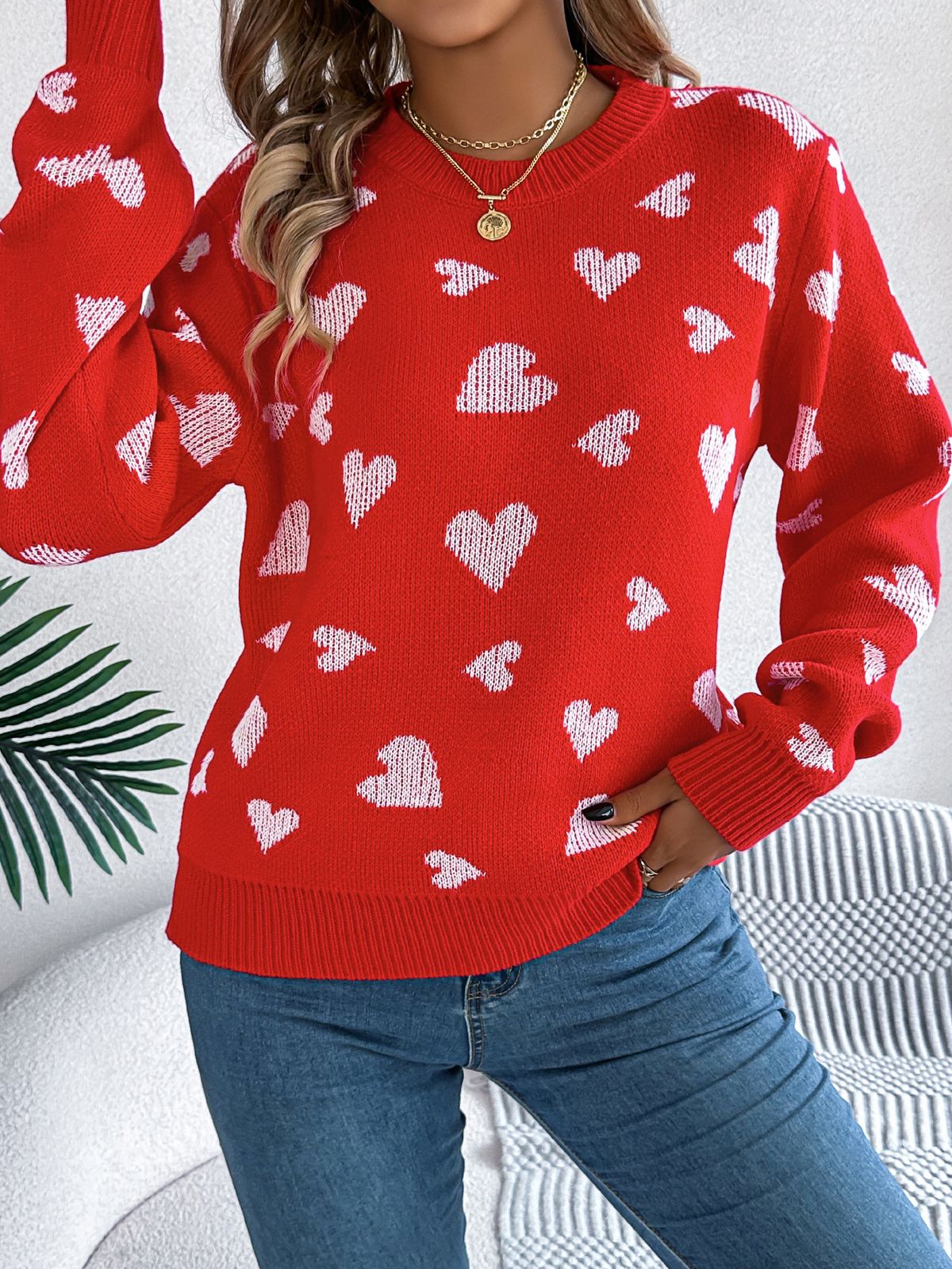 Women's Clothing Casual Color Blocked Heart Lantern Sleeve Pullover Sweater Spring/Autumn Winter Acrylic Regular Thickness England Style Fashion_ecoleips.com