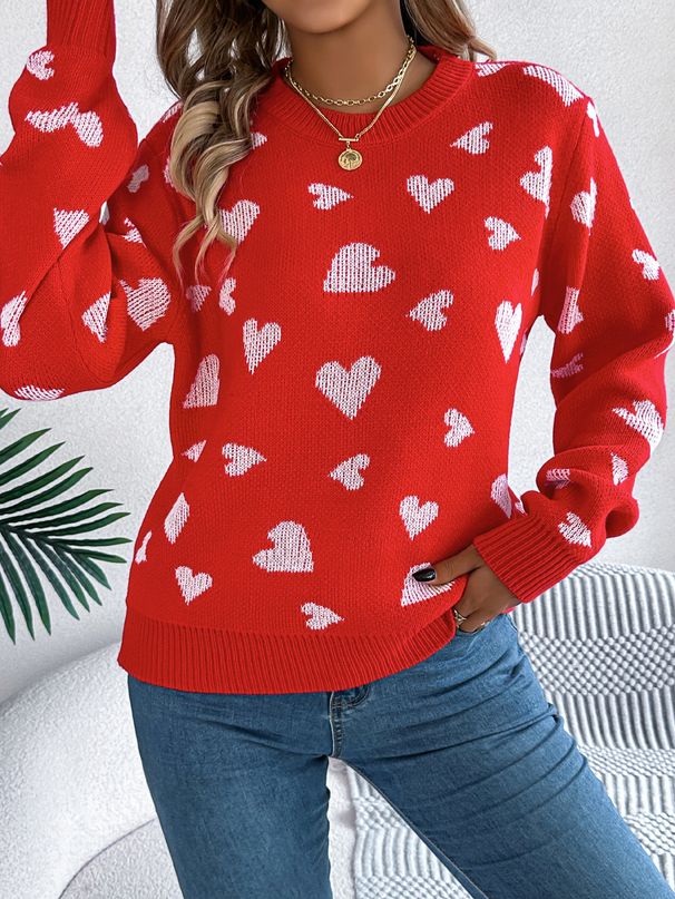 Women's Clothing Casual Color Blocked Heart Lantern Sleeve Pullover Sweater Spring/Autumn Winter Acrylic Regular Thickness England Style Fashion_ecoleips.com