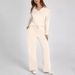 Women's Clothing Loose V Neck Long Sleeved Top With Drawstring Design Elastic Waist Flared Trousers Two Piece Set_ecoleips.com