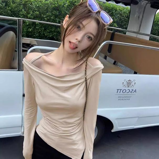 Voya Women's Hot Girl Pure Want To Hang Neck T-shirt Autumn And Winter New Style One Shoulder Off Shoulder Solid Color Interior Top_ecoleips.com