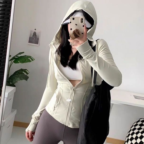 A Women's Slim-fit Hooded Yoga Jacket Zipper, Suitable For Running And Fitness, With Pockets_ecoleips.com