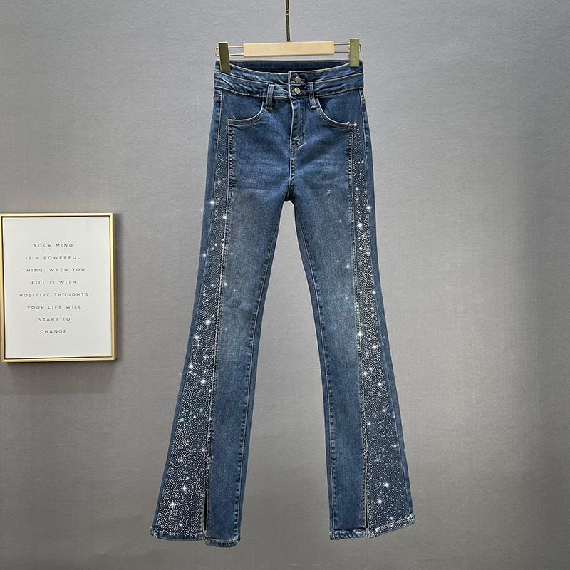 Women's Clothing Fashion Autumn Cotton Elastic High Waist Slim Fit Hot Diamond Split Flared Pants Trousers_ecoleips.com