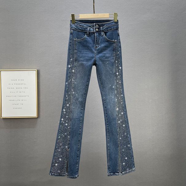 Women's Clothing Fashion Autumn Cotton Elastic High Waist Slim Fit Hot Diamond Split Flared Pants Trousers_ecoleips.com