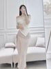 Design Sense Set Asymmetrical Off-Shoulder Top For Women With Tie And Slit Skirt, Ruched Slimming Summer Outfit_ecoleips.com