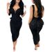 Women's Clothing elegant pure color hip wrapped backless deep V high waist bow elastic slit dress_ecoleips.com