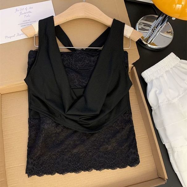 White Halter-neck In A American Style With Delicate Lace Stitching, Slim-fit And Flattering, Sexy Summer Tank Top_ecoleips.com