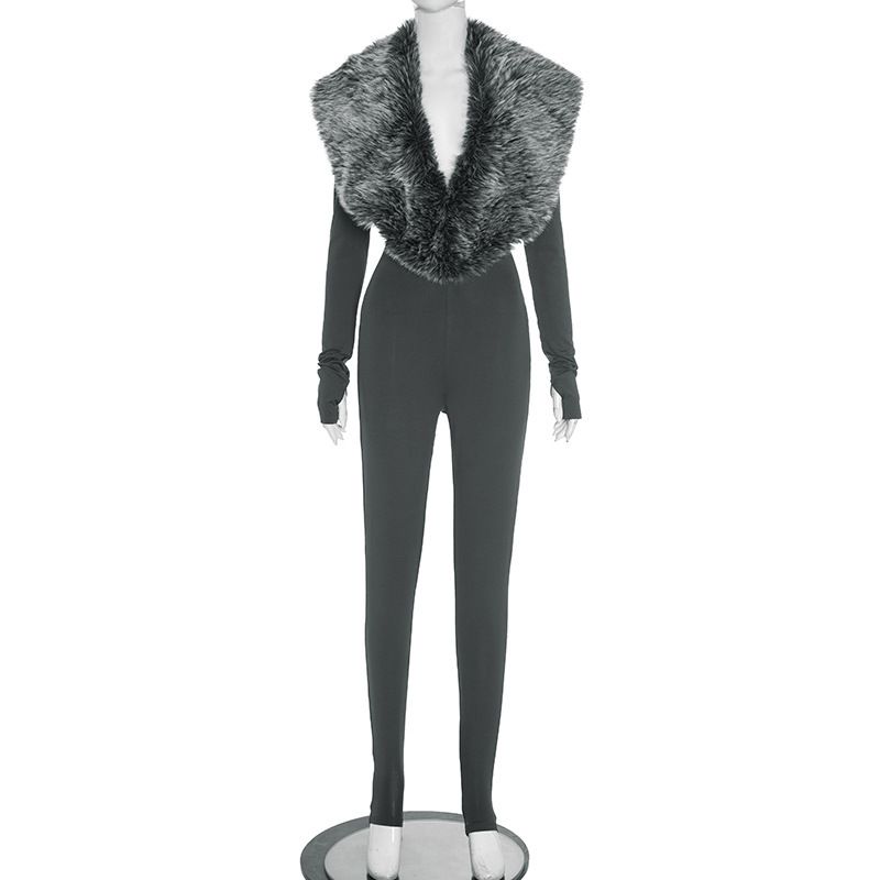 "Women's Furry Footed Jumpsuit - Long Sleeve Bodycon Romper With Cozy Fleece Lining For Autumn & Winter"_ecoleips.com