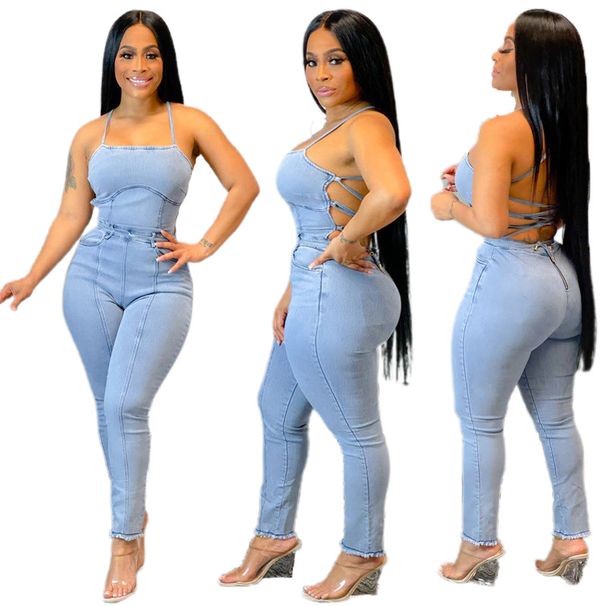 Women's Clothing Casual Fashion Slim Backless Bandage Denim Jumpsuit_ecoleips.com