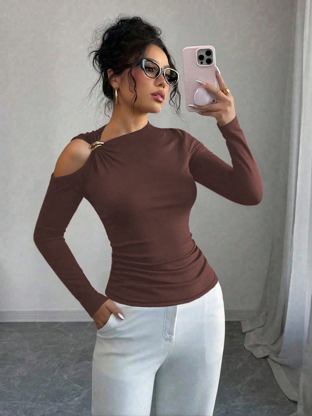 Women's Asymmetrical Off-Shoulder Top Slim Fit with Metallic Decoration Spring New Style_ecoleips.com