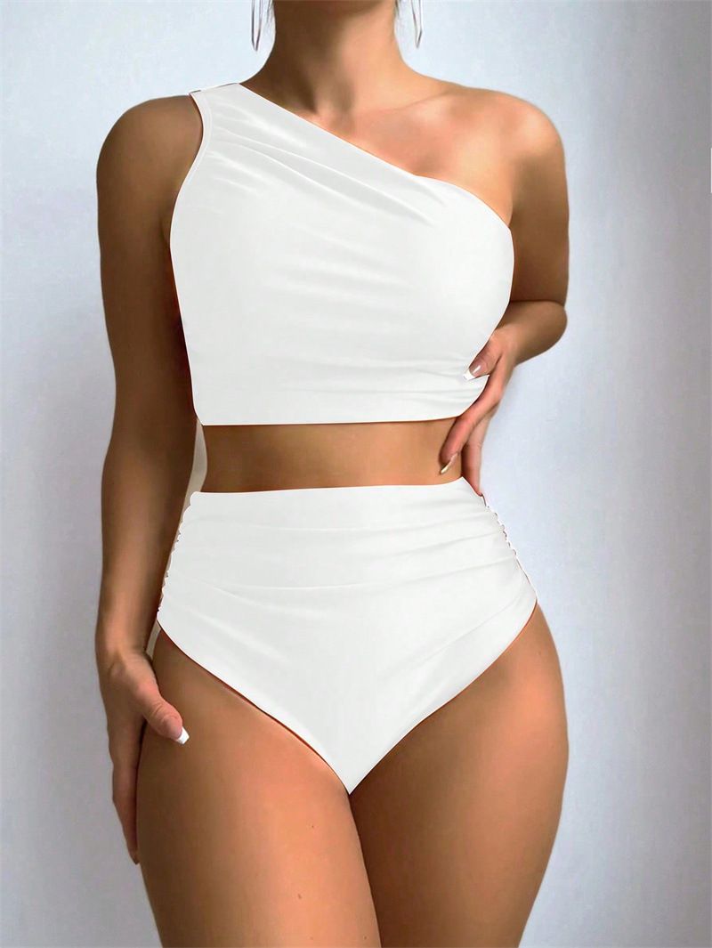 Elegant One-Shoulder Bikini Set – Modest High-Waisted Swimwear With Ruching Detail | UPF 50+ | Caramel/White/Blue/Gray | S/M/L/XL_ecoleips.com