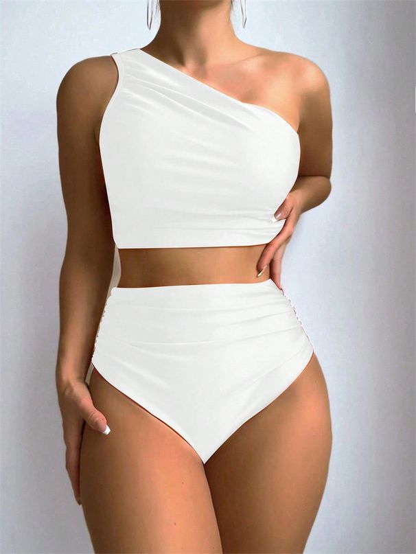 Elegant One-Shoulder Bikini Set – Modest High-Waisted Swimwear With Ruching Detail | UPF 50+ | Caramel/White/Blue/Gray | S/M/L/XL_ecoleips.com