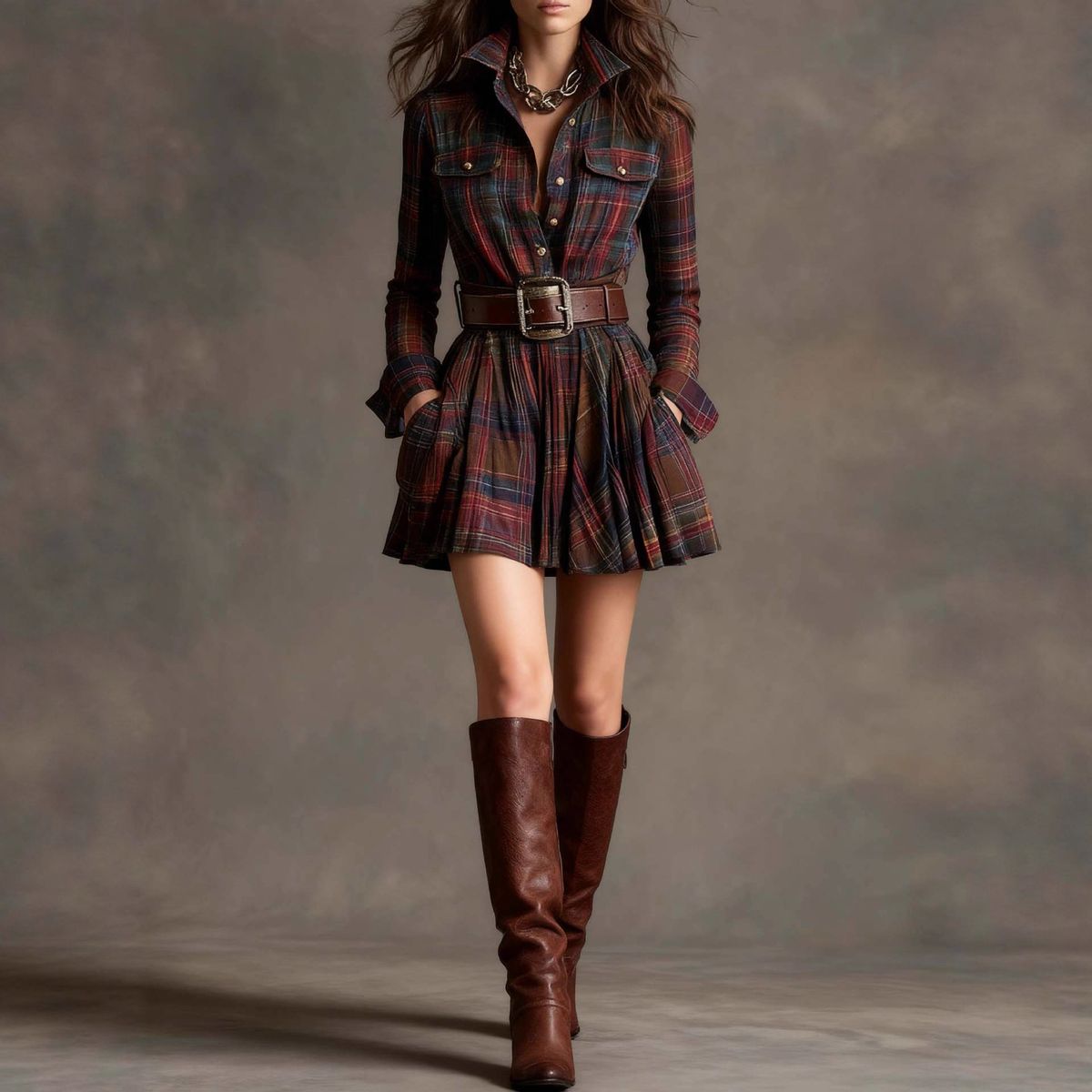 Women's Vintage Plaid Long Sleeve Mini Shirtdress – Casual Office Chic Gown 2026_ecoleips.com