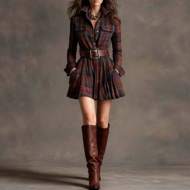 Women's Vintage Plaid Long Sleeve Mini Shirtdress – Casual Office Chic Gown 2026_ecoleips.com