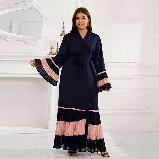 Verve Muslim Fashion Pleated Color Block Sleeve Long Dress Robe_ecoleips.com