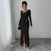 2025 European American New Style Knitted Textured Long-sleeve Dress, Autumn And Winter Slim-fit Irregular_ecoleips.com