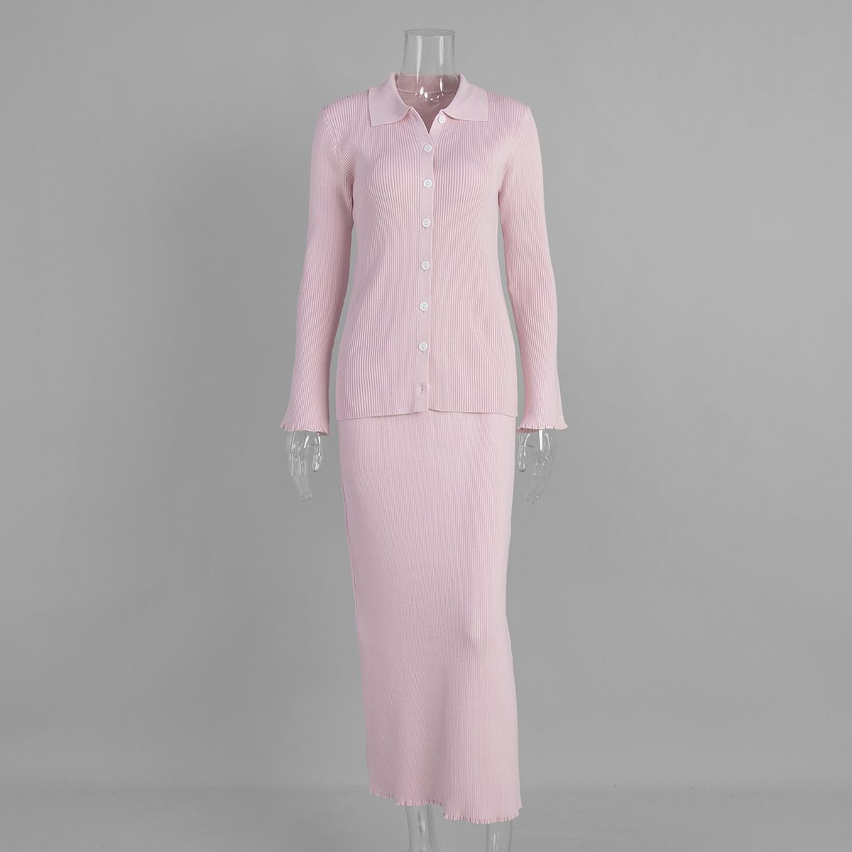 Women's Ruffled POLO Collar Long Sleeved Cardigan And Skirt Set European American Style Knit Sweater Set for Autumn Winter_ecoleips.com