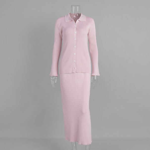 Women's Ruffled POLO Collar Long Sleeved Cardigan And Skirt Set European American Style Knit Sweater Set for Autumn Winter_ecoleips.com