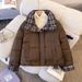 Women's Short Puffer Jacket Winter Coat With Plaid Patchwork Design, Thickened Loose Fit Hooded Parka For Cold Weather_ecoleips.com