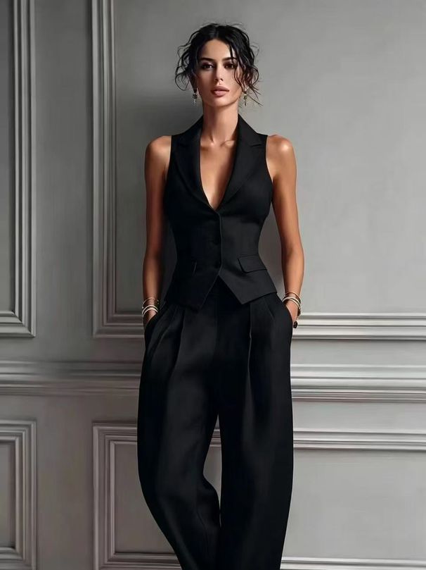 Women's Sexy V Neck Button Up Vest Two Piece Set Casual Fashion_ecoleips.com